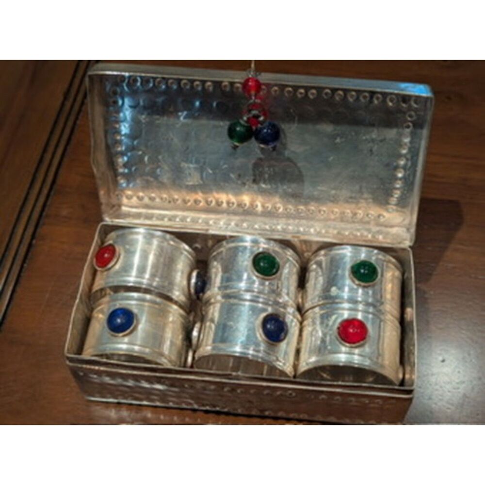 Vintage Silver Plated Napkin Rings with Glass Stones Sets of Six in Case